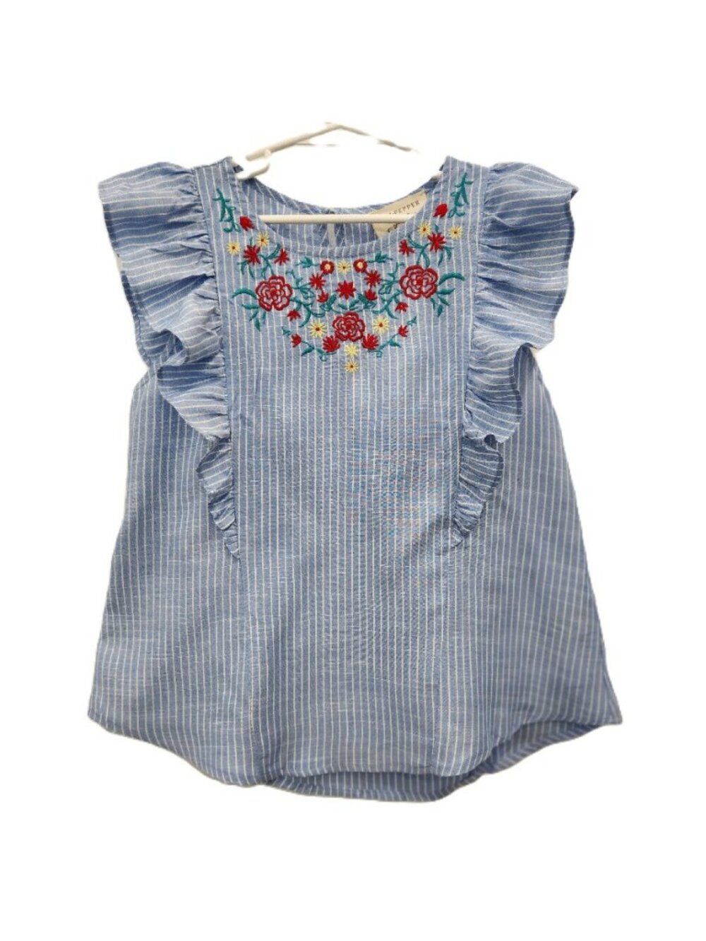 Girls Blu Pepper Ruffle Shoulder Tank w/floral Embroiderey Blue Pinstripe 6-8
